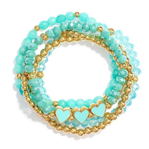BUY NOW RETAIL $35 Set of 5 Gold & Turquoise Faceted Beads & Hearts Bracelets* - Picture 1 of 1